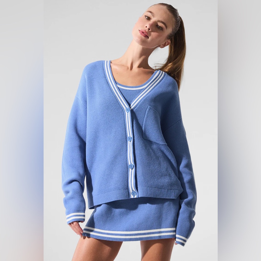 Alo Yoga Crystal Clear Blue Tennis Club Sweater Knit Cardigan